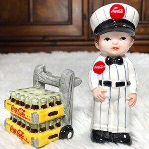 Vintage Coca-Cola Delivery Boy and Coke Cases Cart Ceramic Salt & Pepper Shakers